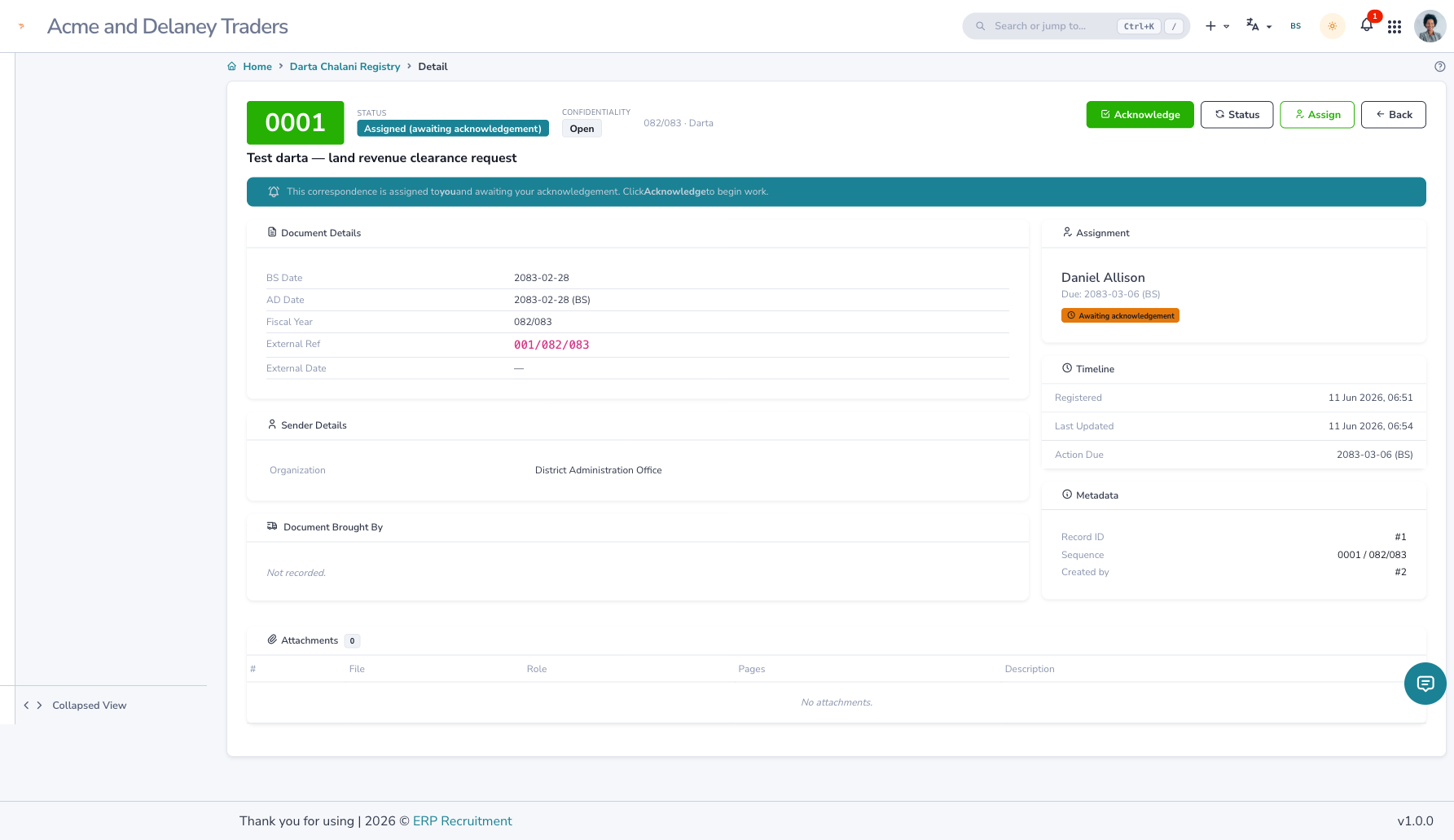 A darta detail page with its lifecycle and actions