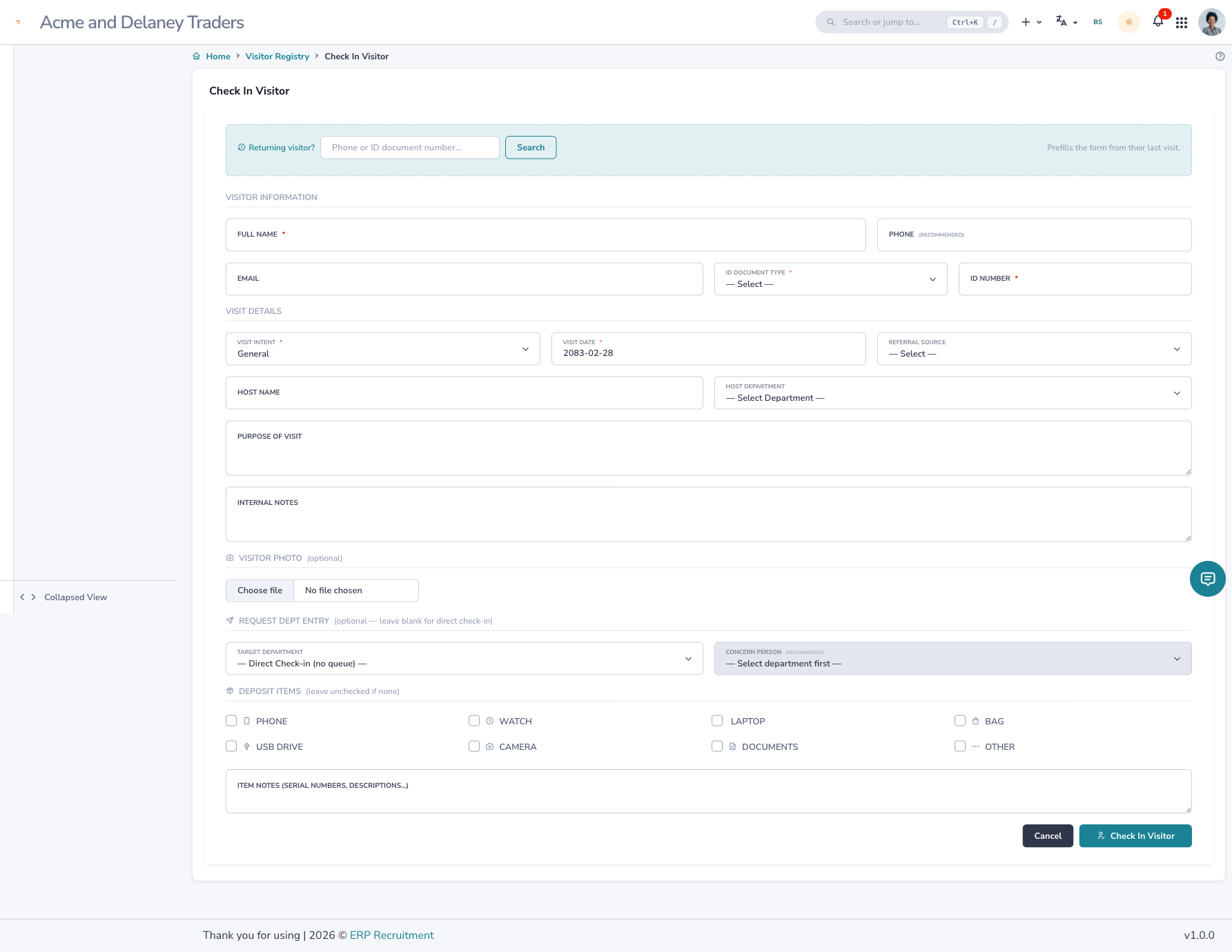The visitor check-in form